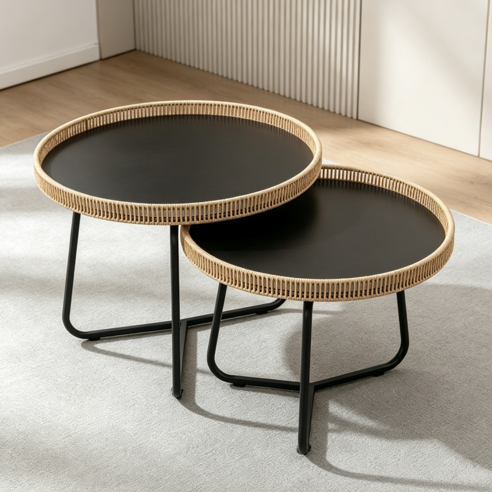 Round Woven Wicker Nesting Table Set of 2