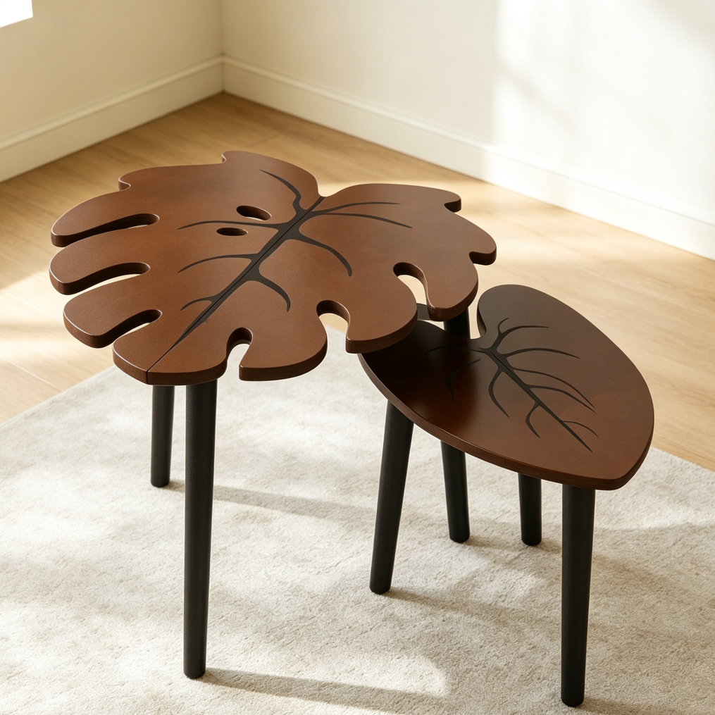 Monstera Leaf Pattern Wooden Nesting Side Table Set of 2