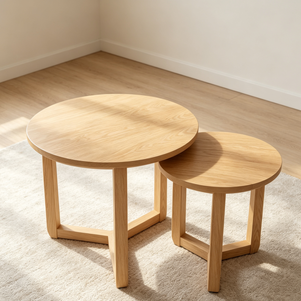 Natural Farmhouse Round Nesting Coffee Table Set of 2 Tripod Legs