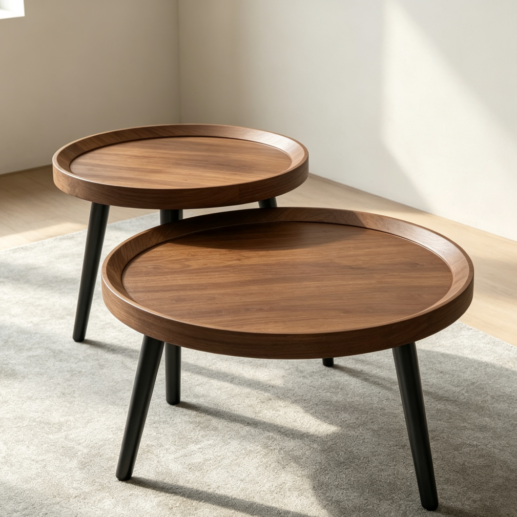Walnut Mid Century Round Nesting Coffee Table Set of 2